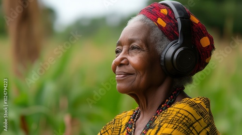 An elderly woman wearing large headphones smiles softly while immersed in music, surrounded by vibrant greenery. Her colorful traditional attire and joyful expression reflect a moment of peace and enj photo