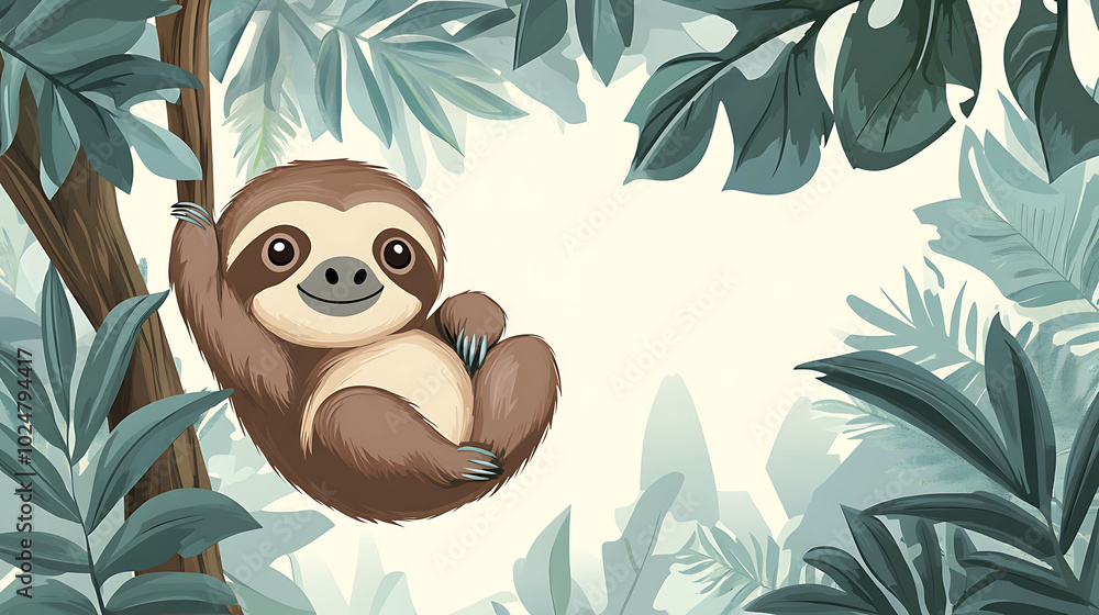 Obraz premium A cute cartoon sloth hanging on a tree branch in a tropical rainforest.