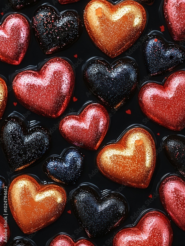Obraz premium A collection of vibrant glittery hearts in various colors such as red, black, and gold is creatively arranged on a dark backdrop, creating a lively and festive atmosphere suitable for celebrations and