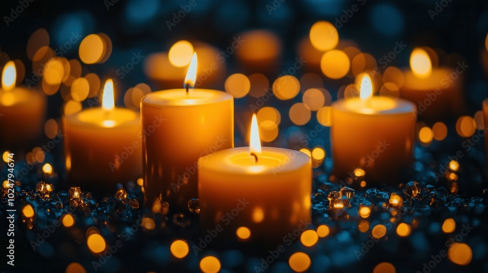 Warm candlelight flickers softly, illuminating the surrounding area with a soothing glow. The atmosphere is serene, enriched by the radiant play of soft lights and shimmering decorative elements that Warm candlelight flickers softly, illuminating the surrounding area with a soothing glow. The atmosphere is serene, enriched by the radiant play of soft lights and shimmering decorative elements that
