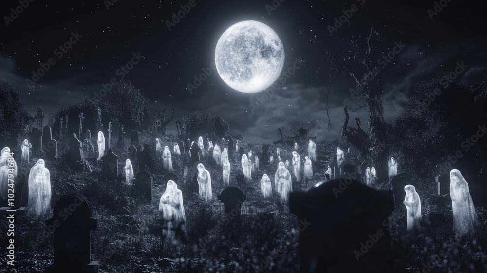 A spooky Halloween night filled with multiple ghostly apparitions, some skeletal, others transparent, floating across a moonlit graveyard A spooky Halloween night filled with multiple ghostly apparitions, some skeletal, others transparent, floating across a moonlit graveyard