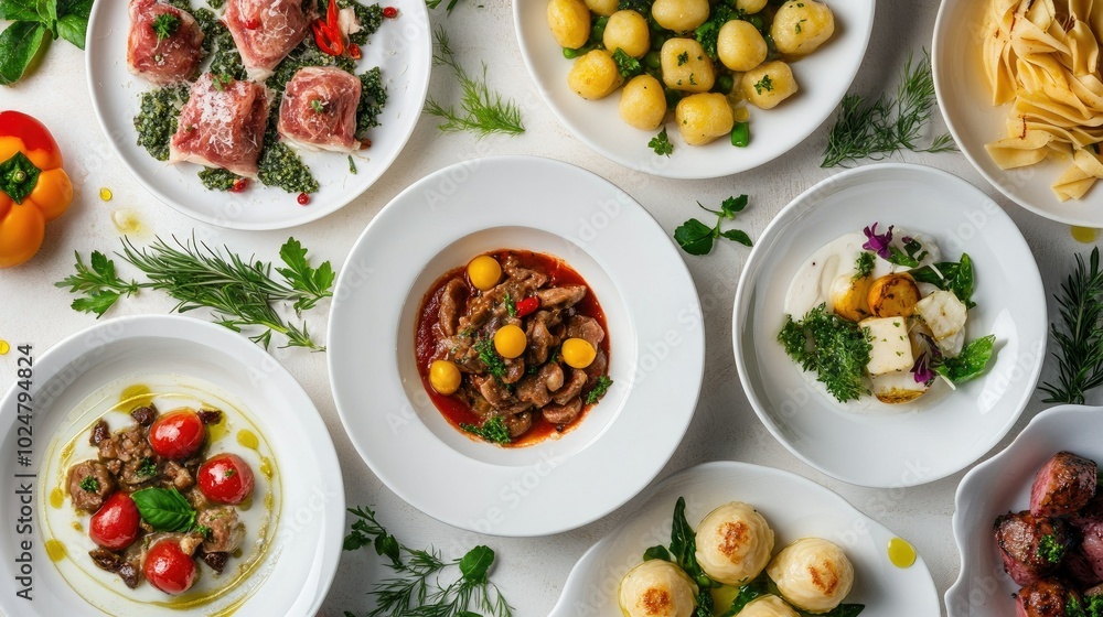 A colorful top view of a selection of traditional Italian dishes, featuring pasta, gnocchi, and ossobuco, elegantly plated with seasonal vegetables and garnishes for a delightful presentation. A colorful top view of a selection of traditional Italian dishes, featuring pasta, gnocchi, and ossobuco, elegantly plated with seasonal vegetables and garnishes for a delightful presentation.