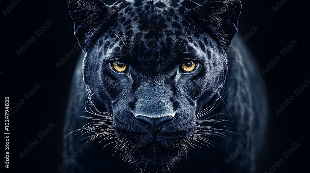 Obraz premium A close-up portrait of a black panther with piercing golden eyes against a dark background.