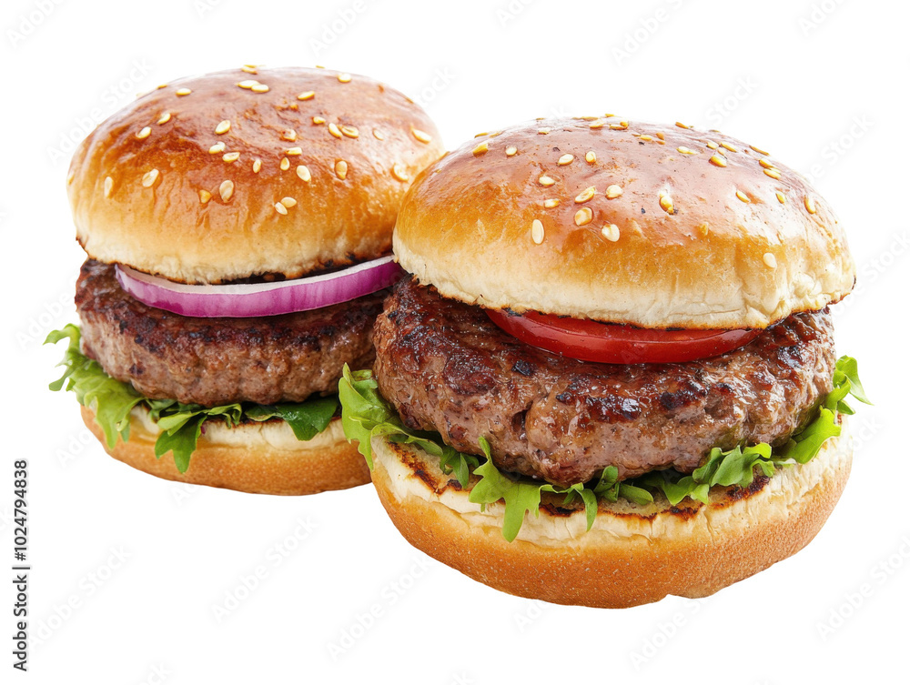 Double beef burger on white background for culinary media and food advertising Double beef burger on white background for culinary media and food advertising