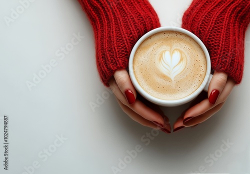 A warm cup of coffee held gently in hands with red knitted sleeves in a cozy ...
