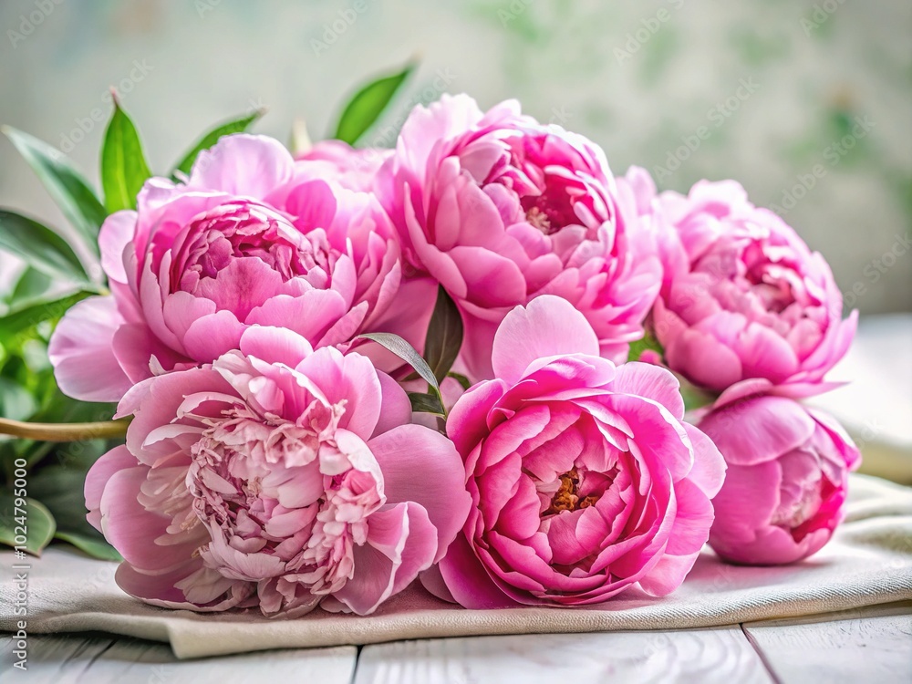 Beautiful Pink Peonies on Light Cotton Background - Fresh Spring Flowers for Floral Decor and Design Beautiful Pink Peonies on Light Cotton Background - Fresh Spring Flowers for Floral Decor and Design