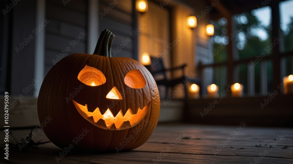 A lit jack-o'-lantern sits on a porch with a string of lights in the background. A lit jack-o'-lantern sits on a porch with a string of lights in the background.