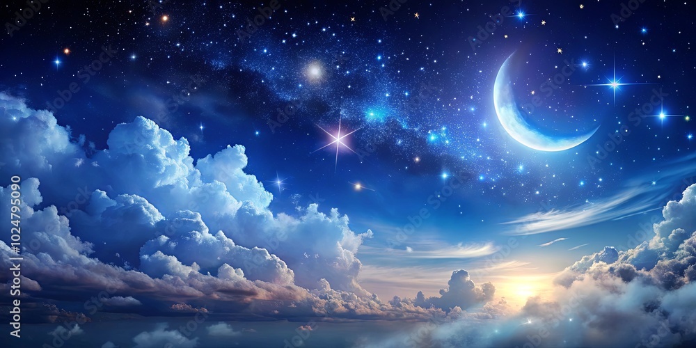 Serene Night Sky with a Crescent Moon and Scattered Stars, Illuminating a Sea of Puffy Clouds Serene Night Sky with a Crescent Moon and Scattered Stars, Illuminating a Sea of Puffy Clouds