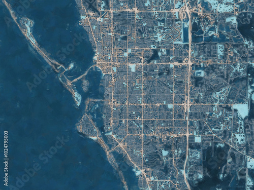 Painterly Style City Map of Sarasota  Florida, USA in a Blue Color Scheme.