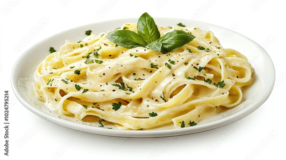 A delectable plate of creamy Alfredo fettuccine pasta, beautifully topped with fresh herbs like parsley and basil, isolated on a white background to emphasize its rich texture and inviting aroma A delectable plate of creamy Alfredo fettuccine pasta, beautifully topped with fresh herbs like parsley and basil, isolated on a white background to emphasize its rich texture and inviting aroma