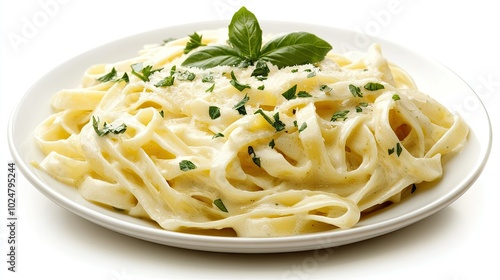 A delectable plate of creamy Alfredo fettuccine pasta, beautifully topped with fresh herbs like parsley and basil, isolated on a white background to emphasize its rich texture and inviting aroma