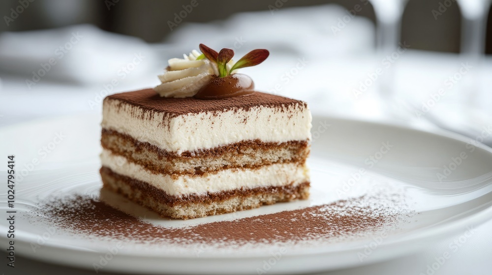 A delicate Tiramisu cake slice served on a white plate, showcasing fine dining presentation. The creamy layers of mascarpone and coffee-soaked sponge are garnished with cocoa powder. A delicate Tiramisu cake slice served on a white plate, showcasing fine dining presentation. The creamy layers of mascarpone and coffee-soaked sponge are garnished with cocoa powder.