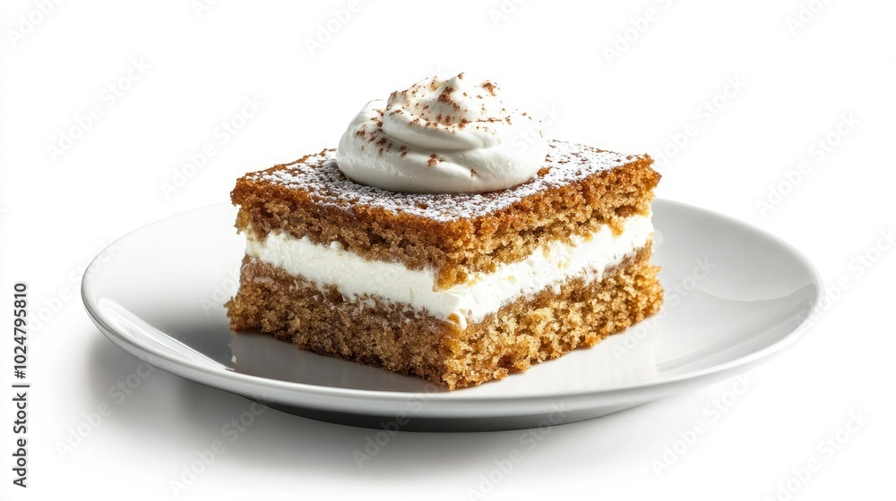 A delicious piece of Medovik honey cake, perfectly square, topped with sour cream, sitting on a white restaurant plate, isolated on a white background for a simple and refined look. A delicious piece of Medovik honey cake, perfectly square, topped with sour cream, sitting on a white restaurant plate, isolated on a white background for a simple and refined look.