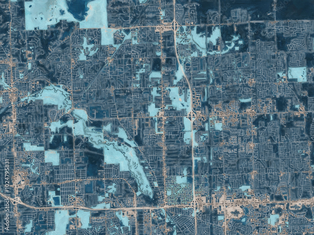 Naklejka premium Painterly Style City Map of Shelby Michigan, USA in a Blue Color Scheme.