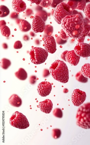 Ripe raspberries falling in mid-air against a blurred white background in a b...