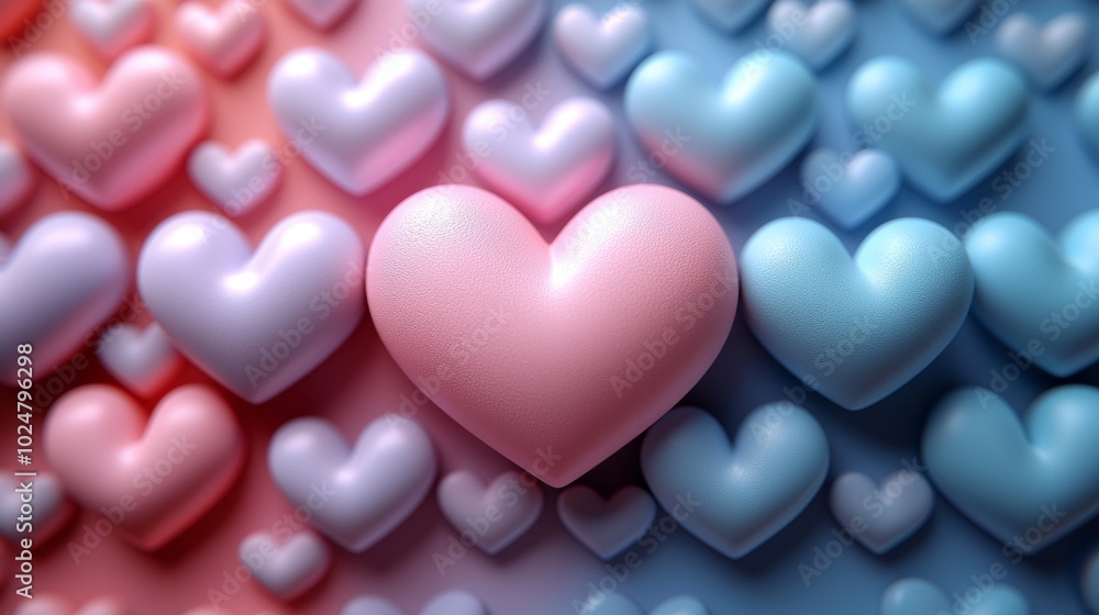 Pink heart is standing out from a crowd of blue hearts, creating a visually appealing contrast and symbolizing individuality and uniqueness Pink heart is standing out from a crowd of blue hearts, creating a visually appealing contrast and symbolizing individuality and uniqueness