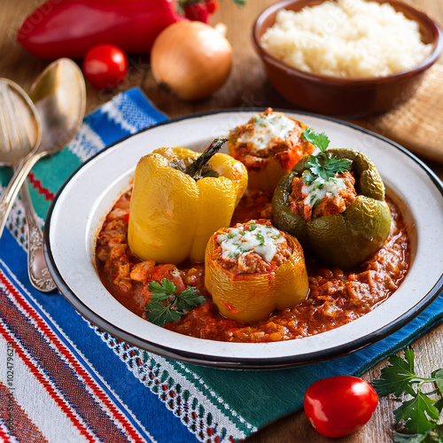 Traditional Romanian Stuffed Peppers with Tomato