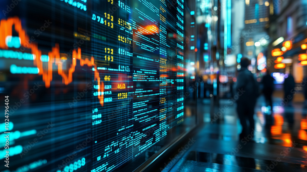 Dynamic stock prices rising and falling on a futuristic exchange floor with holographic displays showcasing real-time market fluctuations and trading activity Dynamic stock prices rising and falling on a futuristic exchange floor with holographic displays showcasing real-time market fluctuations and trading activity