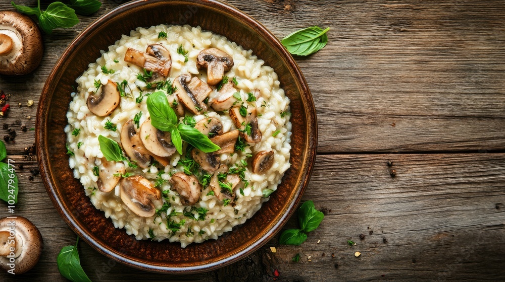 A delicious top view of risotto with mushrooms and fresh herbs, presented in a rustic plate on a wooden table, allowing the dishs vibrant colors and textures to take center stage. A delicious top view of risotto with mushrooms and fresh herbs, presented in a rustic plate on a wooden table, allowing the dishs vibrant colors and textures to take center stage.