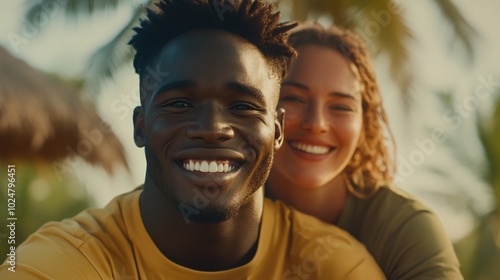 Smiling couple enjoying a tropical vacation in a palm tree paradise