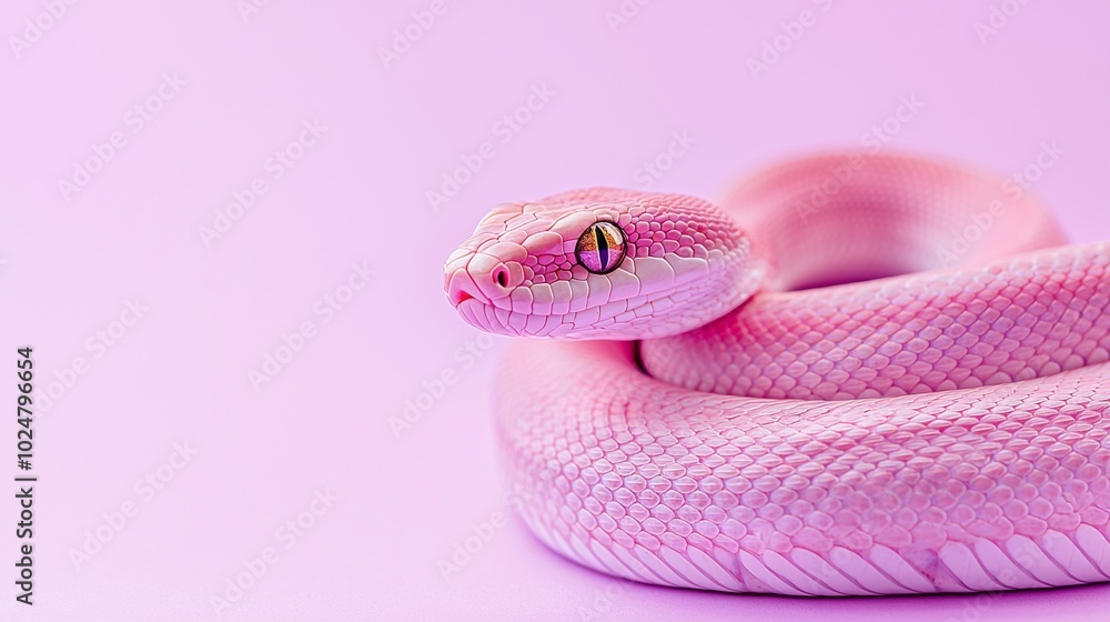 Fototapeta premium Stunning pink python snake with golden eyes rests gracefully on a soft pink background, exuding intense focus and wild beauty