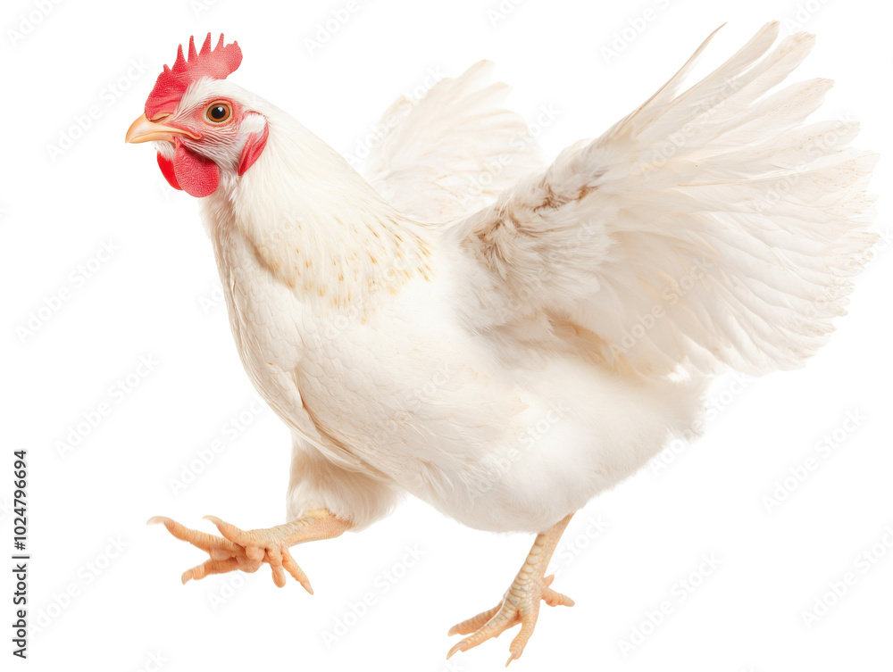Fototapeta premium Dynamic white chicken with outstretched wings for spring-themed designs