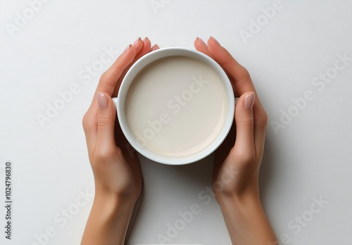 A warm cup of coffee held gently in hands with red knitted sleeves in a cozy ...