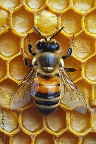 Close-up view of a honeybee on honeycomb showcasing intricate details in nature