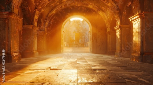 Breathtaking view of an ornate archway bathed in the warm golden glow of sunlight streaming through a historic majestic architectural interior The intricate carvings marble floors