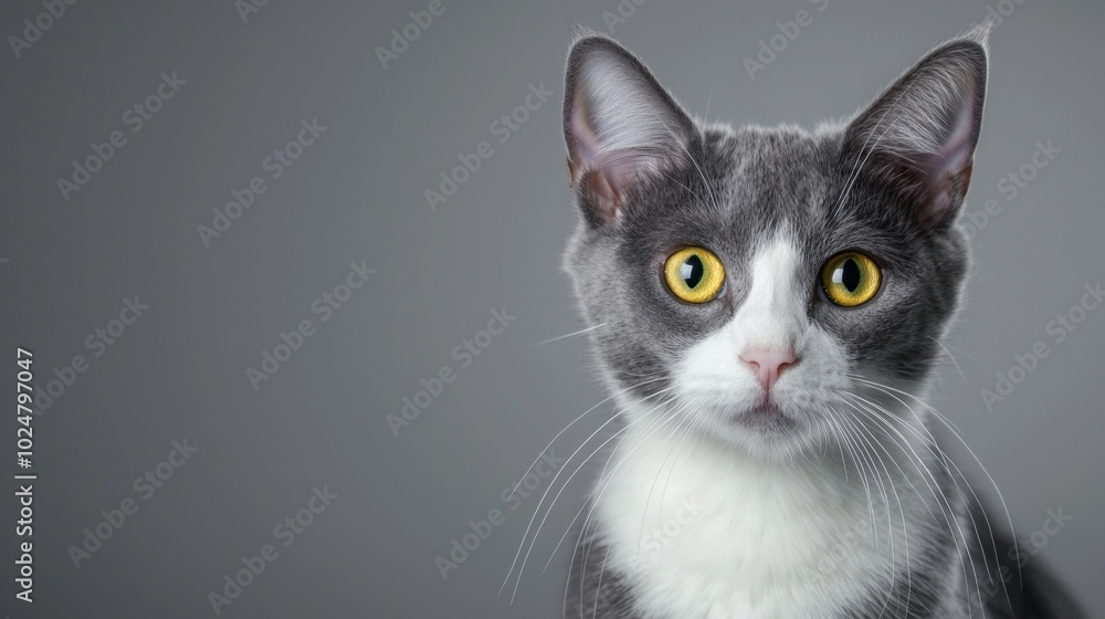 Cute grey and white cat with yellow eyes poses on a plain background, showing off its fluffy fur and whiskers. Perfect for pet lovers Cute grey and white cat with yellow eyes poses on a plain background, showing off its fluffy fur and whiskers. Perfect for pet lovers