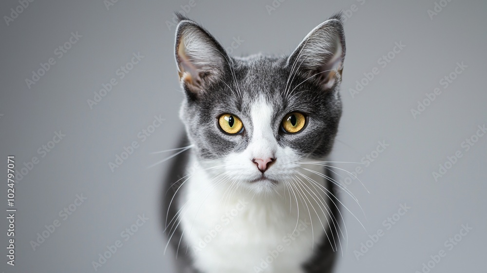 Cute grey and white cat with intense yellow eyes stares ahead, exuding attentiveness and focus in a serene studio shot Cute grey and white cat with intense yellow eyes stares ahead, exuding attentiveness and focus in a serene studio shot