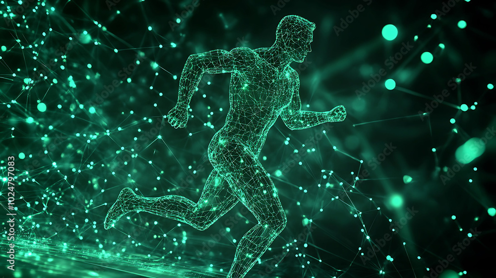 A digital rendering of a man running with a glowing green digital outline in a futuristic digital environment. A digital rendering of a man running with a glowing green digital outline in a futuristic digital environment.