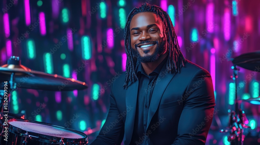 Smiling musician in elegant suit with drums and colorful lighting background Smiling musician in elegant suit with drums and colorful lighting background