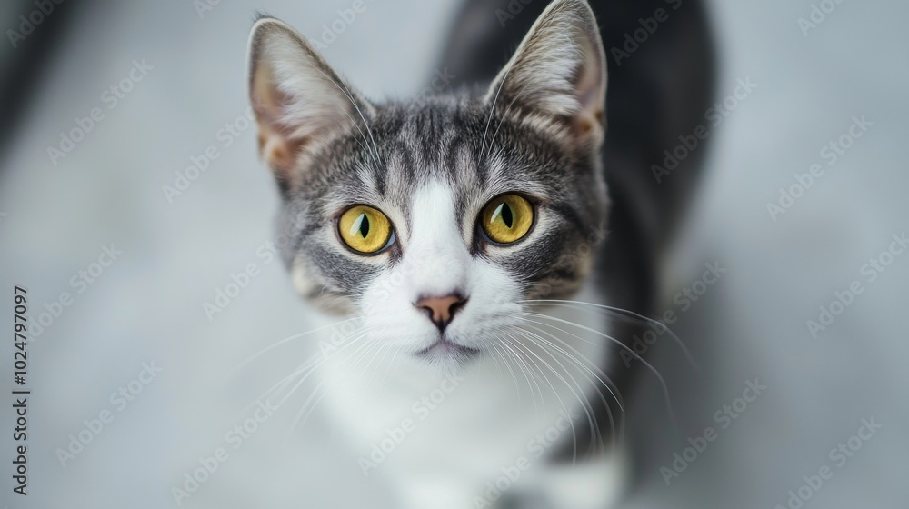 Cute grey and white cat with yellow eyes looking up curiously in a sweet pose, whiskers and fur adding to its adorable appearance. Background blurred, focusing on the fluffy feline Cute grey and white cat with yellow eyes looking up curiously in a sweet pose, whiskers and fur adding to its adorable appearance. Background blurred, focusing on the fluffy feline