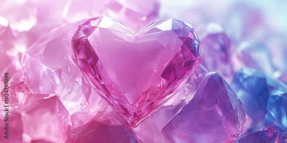 Translucent pink heart-shaped crystal sits beautifully among shimmering gems in shades of pink and blue. Translucent pink heart-shaped crystal sits beautifully among shimmering gems in shades of pink and blue.