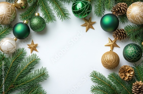 Decorated festive arrangement of green and gold ornaments surrounded by everg...