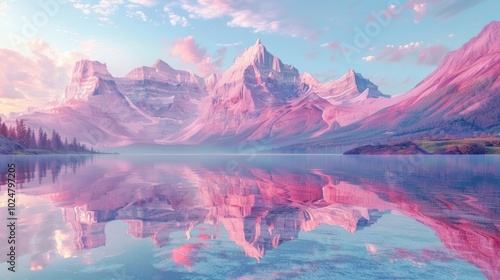 Breathtaking view of a majestic mountain range reflected in the still waters of an alpine lake surrounded by a vibrant colorful sky at sunset  This idyllic