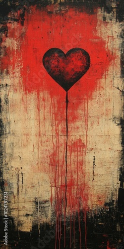 A heart-shaped balloon is depicted in black against a textured background featuring red and beige colors. Dark paint drips from the balloon, creating a striking contrast and evoking a sense of emotion