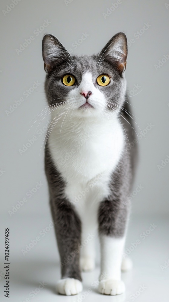 Curious grey and white cat with yellow eyes walks towards the camera, looking playful and attentive, exuding love and affection Curious grey and white cat with yellow eyes walks towards the camera, looking playful and attentive, exuding love and affection