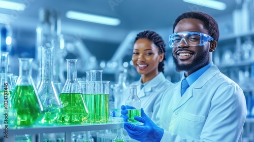 Smiling scientists conduct experiments in advanced laboratory setting