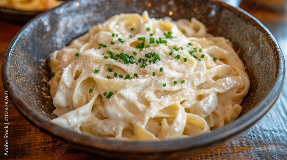 A delightful presentation of creamy Alfredo fettuccine pasta, garnished with fresh chives and served in a rustic bowl, creating a warm and inviting atmosphere for a comforting meal. A delightful presentation of creamy Alfredo fettuccine pasta, garnished with fresh chives and served in a rustic bowl, creating a warm and inviting atmosphere for a comforting meal.