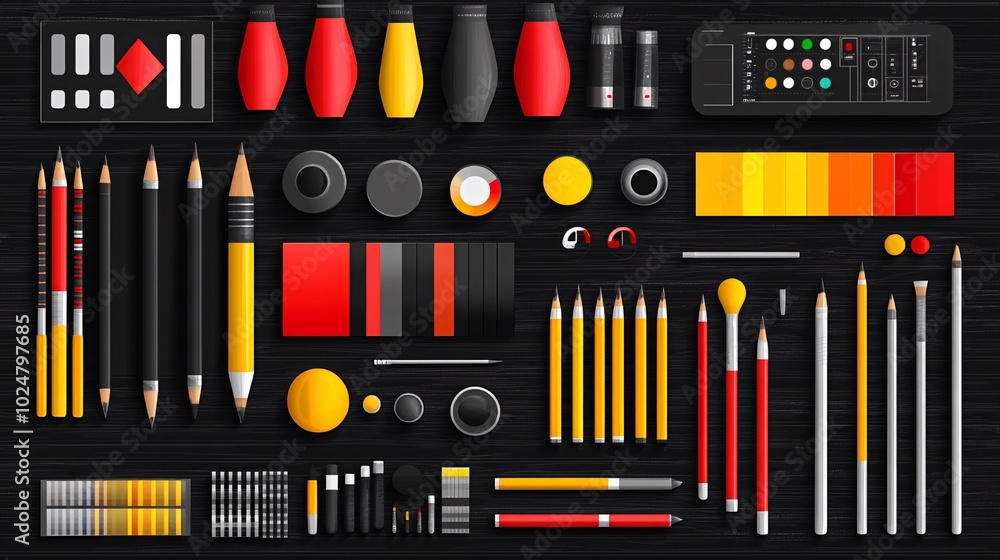 Fototapeta premium Flat lay of various art supplies on a wooden table.