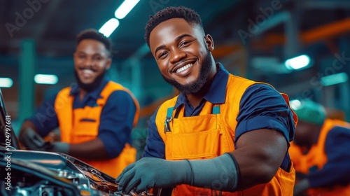 Smiling mechanic working on car in industrial garage