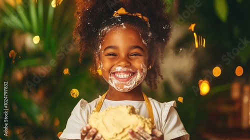 Joyful child baking in the kitchen with flour-covered face