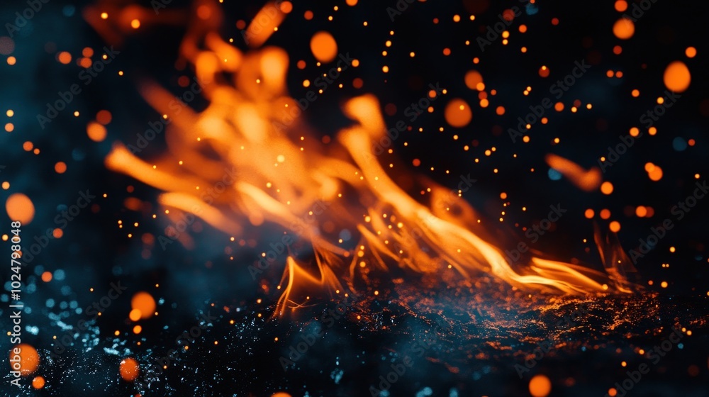 Closeup of fiery orange flames and sparks on a dark background. Closeup of fiery orange flames and sparks on a dark background.