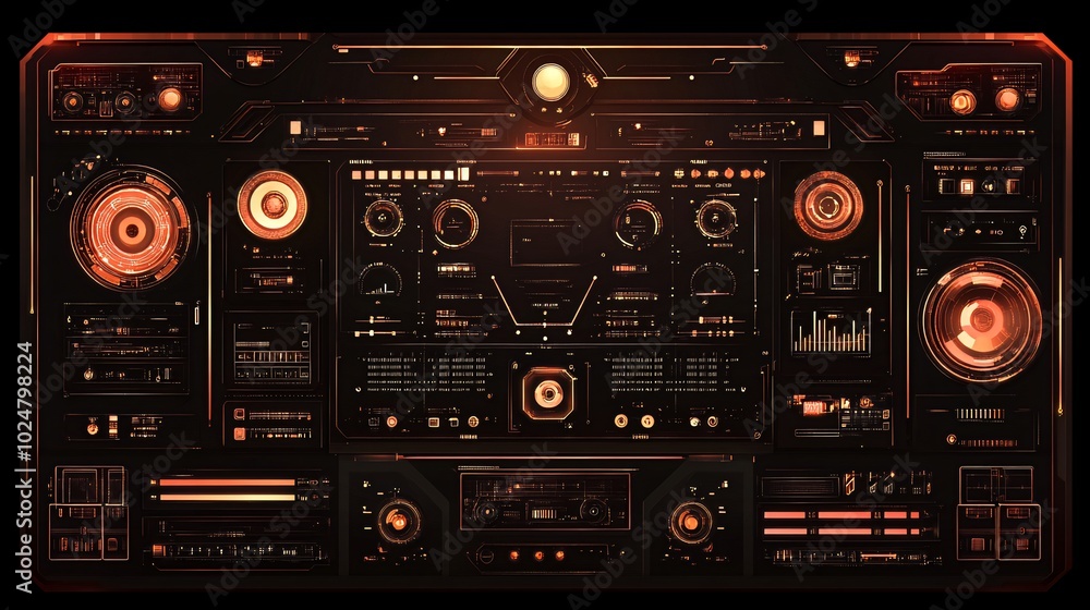 Futuristic digital interface with glowing orange and red elements on a dark background. Futuristic digital interface with glowing orange and red elements on a dark background.