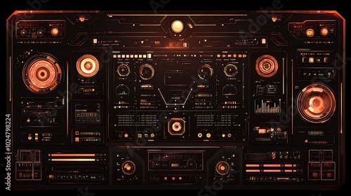 Futuristic digital interface with glowing orange and red elements on a dark background.