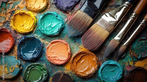 Colorful Paint Palette with Brushes in Artistic Composition photo