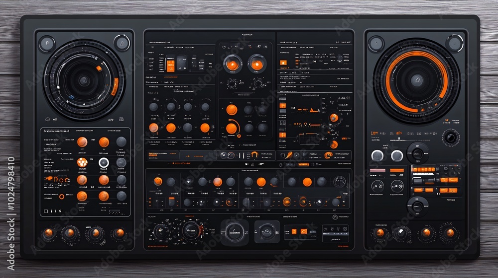 Futuristic interface with orange and black elements on a wooden background. Futuristic interface with orange and black elements on a wooden background.