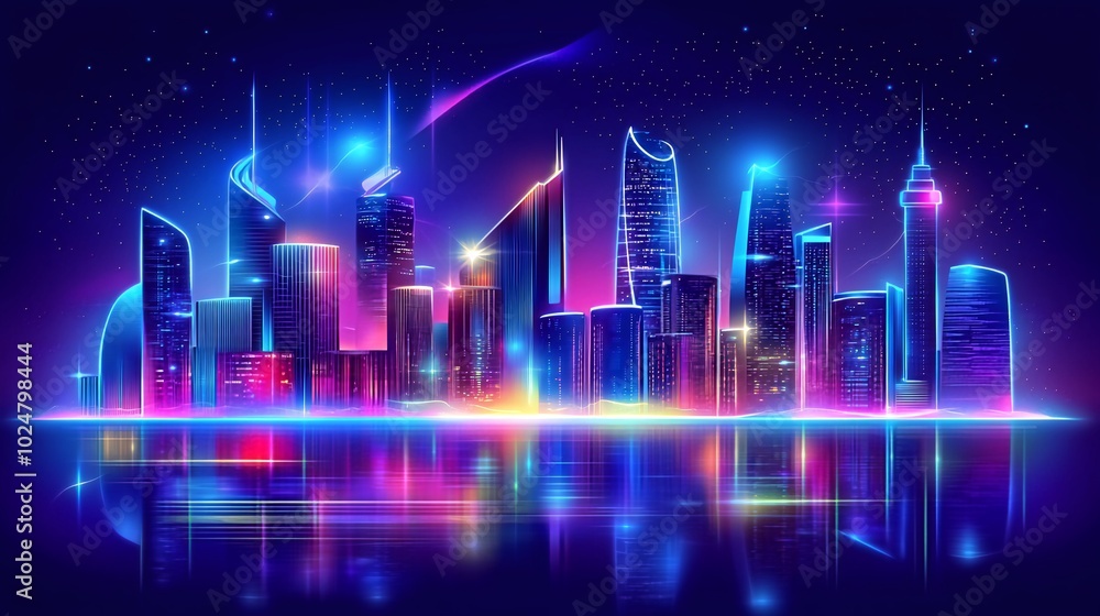 Fototapeta premium Futuristic neon cityscape reflected in water at night.